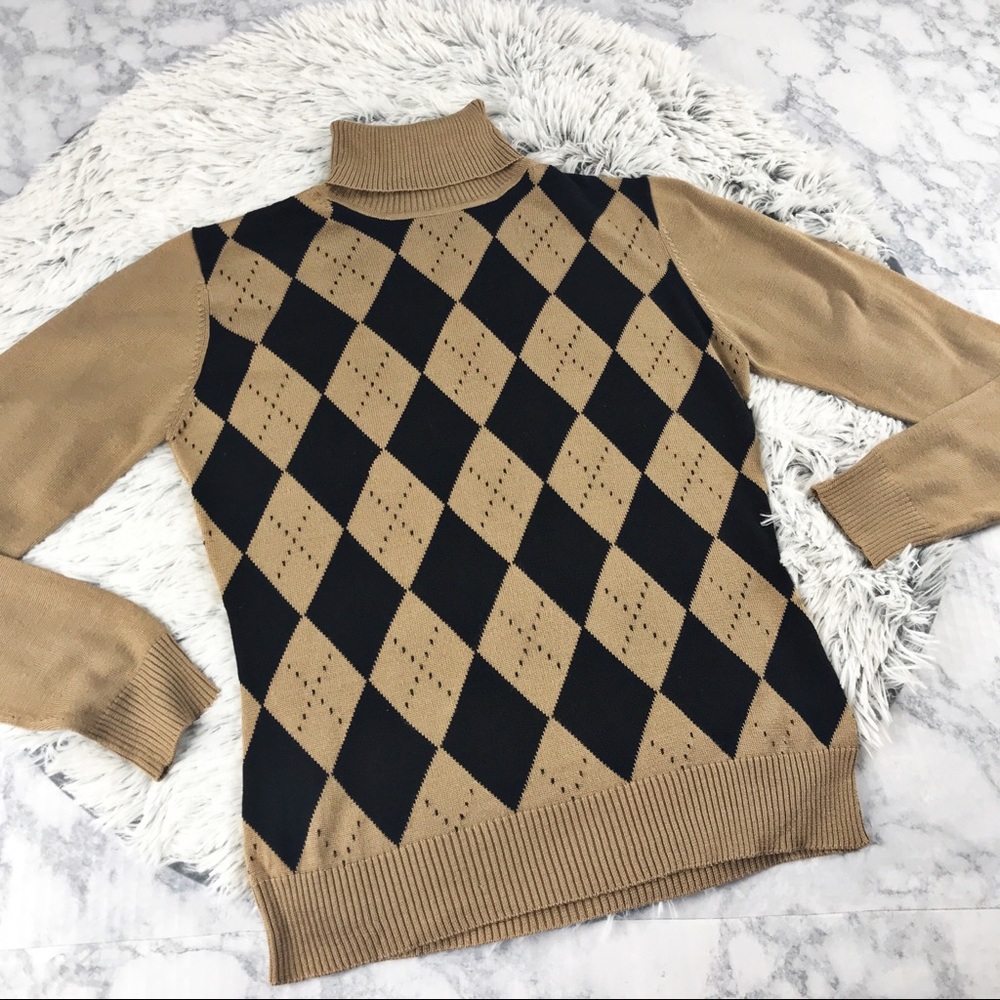 Louben Silk Knit Argyle Turtleneck Sweater EUC